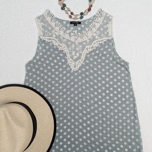 Papermoon| NWOT White Polka Dots on Pale Green with Lace Neckline Tank top VTG